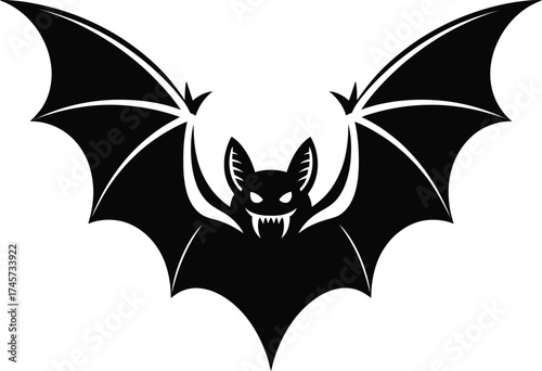 Detailed black bat with spread wings displayed on transparent background silhouette