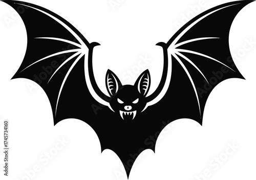 Detailed black bat illustration with spread wings on transparent background silhouette
