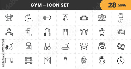  Modern Gym and Fitness Line Icon Set for Workout, Exercise, Bodybuilding, Health, Sports, Training, Wellness, and Gym Equipment Design with transparent Background.