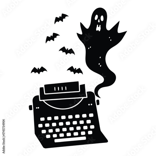 Ghostly Typewriter Halloween Scene with Floating Letters and Mist in Vintage Spooky Vector Style