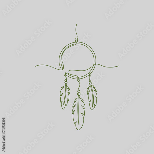 Minimalist Dreamcatcher with Feathers Hanging from a Circular Frame on a Light Gray