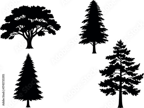 Silhouette set of diverse tree types including oak, pine, fir, and cedar for nature, forestry, and botanical vector design