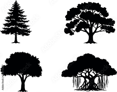 Silhouette set of diverse tree species including pine, oak, banyan and deciduous shapes for nature, forest, and botanical themes