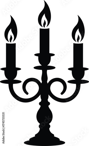 Elegant black candelabra with three flames on transparent background silhouette