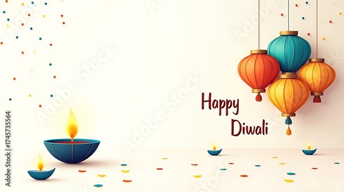 Festive diwali celebration with lit diyas and hanging lanterns