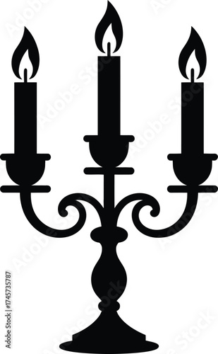 Elegant black candelabra with three flames on transparent background silhouette
