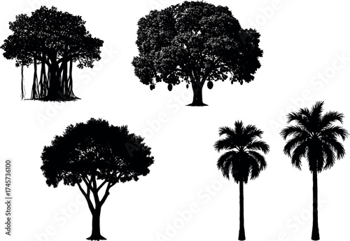 Silhouette set of tropical and deciduous trees including banyan, jackfruit, and palm for nature, landscape, and botanical design themes