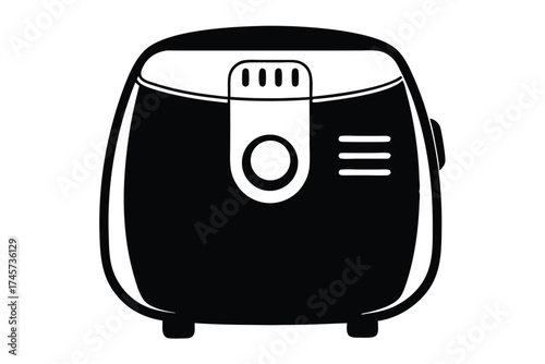 Black and White Illustration of an Air Fryer with Minimalist Design Elements