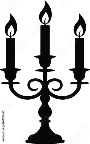 Elegant three flame candelabra design element on transparent background silhouette