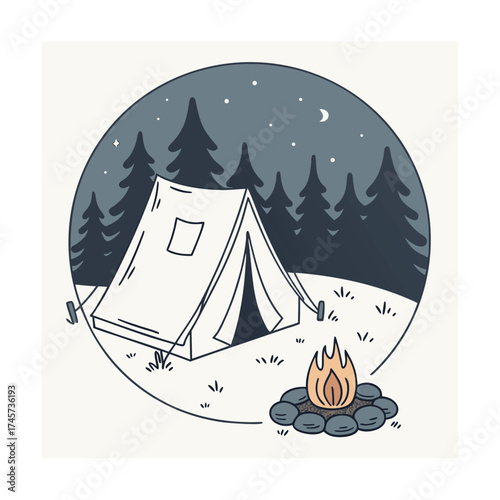 A serene sailboat glides on the ocean waves at night after a long summer travel, far from the peaceful camping in the forest