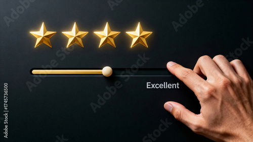 Human hand moves a golden slider to 'Excellent' with four glowing stars on a dark feedback interface, symbolizing top customer review and quality.