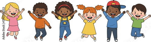 Happy cartoon children jumping, diverse kids illustration, joyful childhood moment, playful group of children, colorful vector, inclusive education, celebration