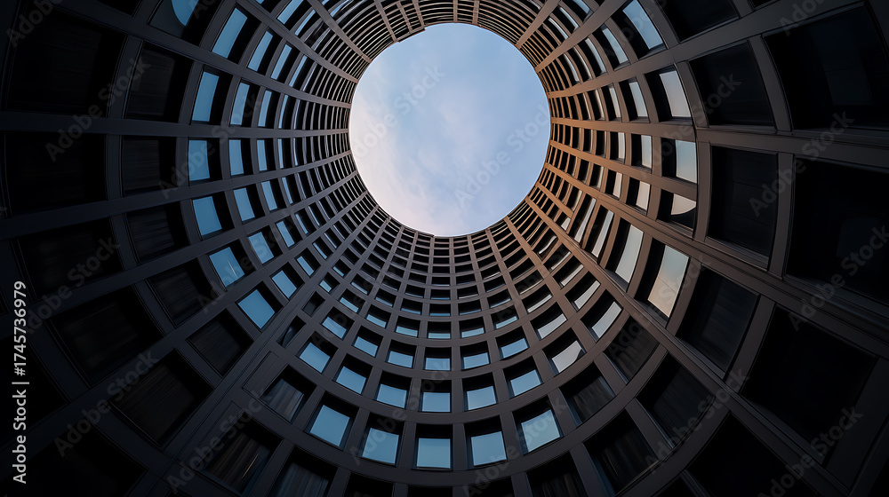 Naklejka premium Architectural abstraction: View up through a round building's interior, showcasing geometric patterns and open sky.