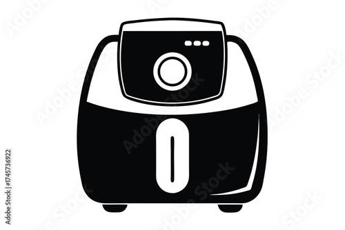 Black and White Graphic Illustration of a Modern Air Fryer Design with Controls