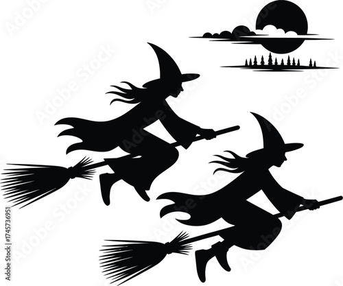 Three witches flying on broomsticks under a moon on transparent background silhouette