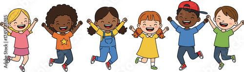 Happy cartoon children jumping, diverse kids illustration, joyful childhood moment, smiling faces, playful energy, colorful outfits, friendship, celebration, fun, happiness