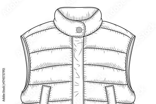 Sleeveless padded vest, black and white line drawing, fashion sketch, quilted jacket, zipper front, high collar, garment illustration, vector