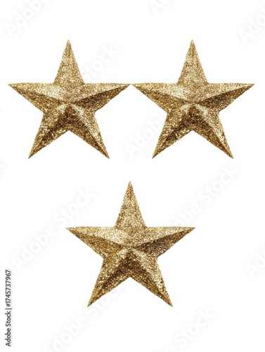 three gold glitter stars on a white background
