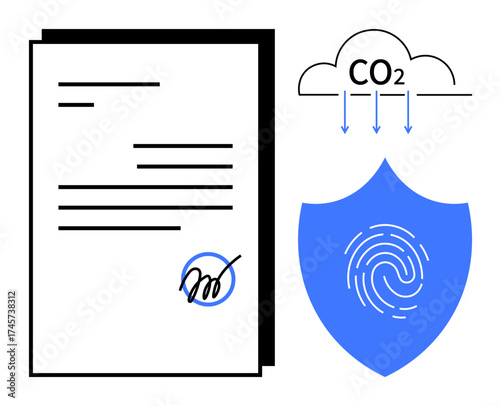 Signed paper document beside a shield with fingerprint, under a CO2 cloud symbol. Ideal for themes thumbs up security, environment, authentication, contracts, eco-consciousness, law