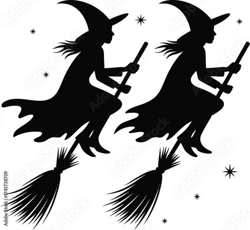 Two witches flying on broomsticks with sparkling stars on transparent background silhouette