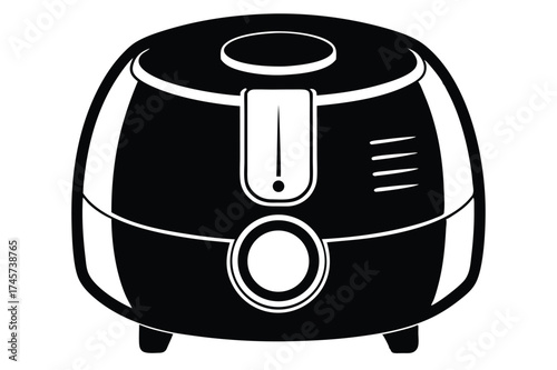 Black and White Graphic Illustration of an Air Fryer Appliance with Details