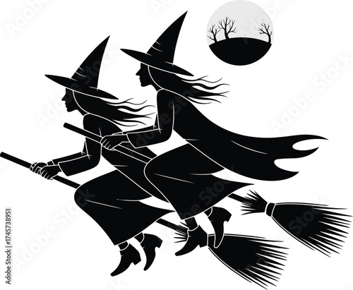 Two witches flying on broomsticks under a full moon on transparent background silhouette