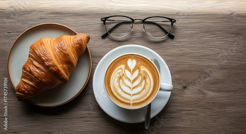 A croissant on a plate with coffee art and glasses on a wooden table in a top down view setting