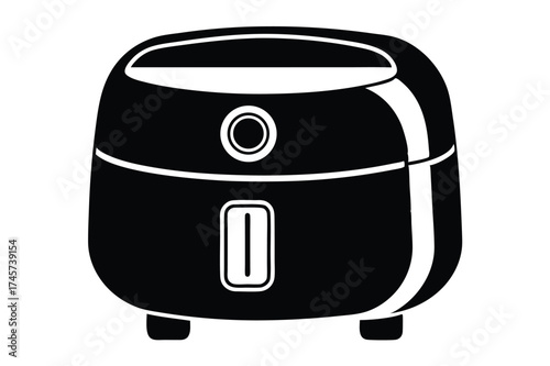 Black and White Illustration of Air Fryer Appliance with Buttons and Feet Design