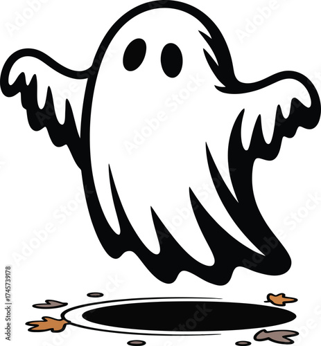 Friendly cartoon ghost floating above a hole on transparent background silhouette
