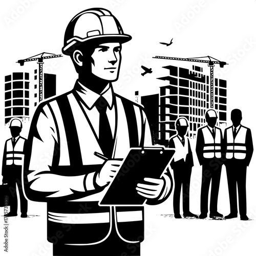 Engineer Supervising Construction with Clipboard