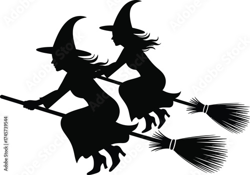 Two witches flying on brooms halloween design element on transparent background silhouette