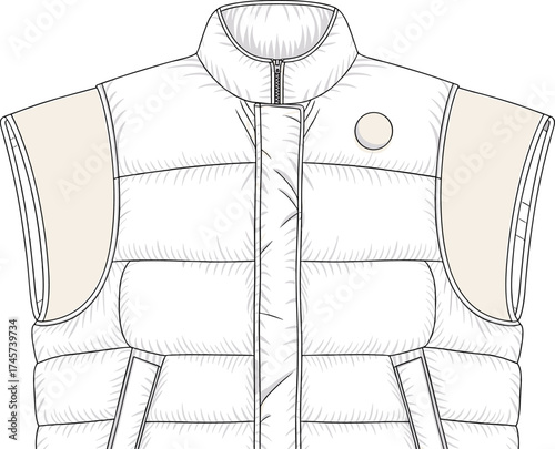 White puffer vest, sleeveless winter jacket, quilted outerwear, high collar, beige shoulder panels, fashion apparel, insulated, zipper closure, stylish