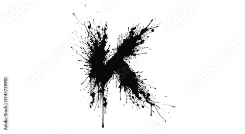 Artistic black ink splatter forming the letter K on a white background. Grunge style liquid paint splash vector for a creative typographic alphabet design element