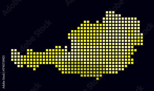 Austria dotted map. Digital style map of the country on dark background. Austria shape with square dots. Colored dots style. Large size squares. Amazing vector illustration.