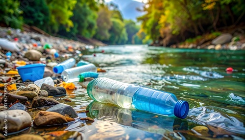 Plastic waste litters a riverbank, with plastic bottles and containers scattered along the shallow water's edge.  Sunlight filters through trees, highlighting the pollution