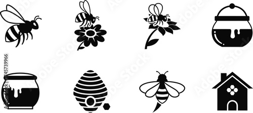 Black and white illustrations of bees, flowers, honey pots, beehive, and a house, representing nature and apiculture.