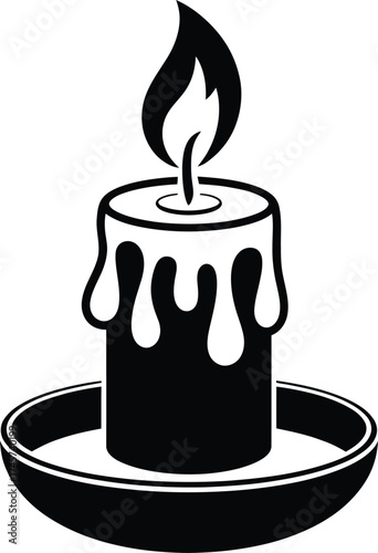 Black melting candle with a flame on transparent background silhouette