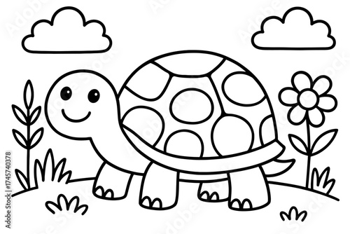 Delightful smiling cartoon turtle coloring page for children, featuring a friendly tortoise in a serene garden landscape with fluffy clouds and a cheerful blooming flower, perfect for creative colorin