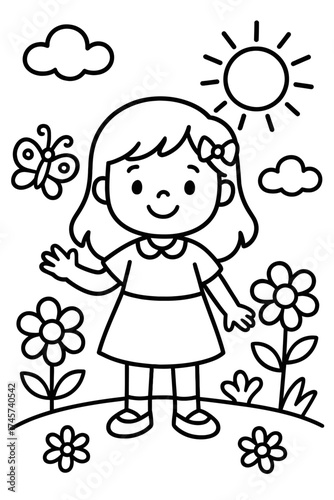 Delightful coloring page featuring a cheerful cartoon girl with a cute bow, standing amidst blooming flowers, a playful butterfly, fluffy clouds, and a shining sun in a serene outdoor garden scene, id