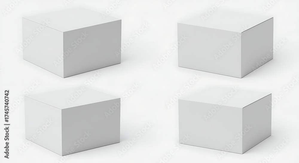 Fototapeta premium A collection of four blank white 3D cube boxes viewed from different angles, perfect for a product packaging mockup template on a clean isolated background