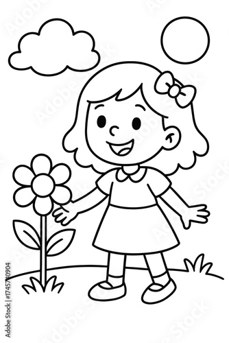 Happy little girl coloring page with a blooming flower, bright sun, and fluffy cloud. A delightful printable activity for kids, toddlers, and preschoolers. Fun cartoon line art for artistic creativity