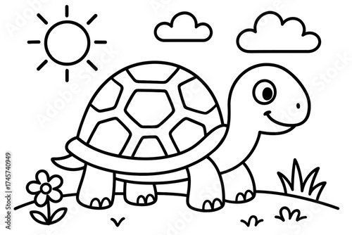 Adorable Smiling Cartoon Turtle Coloring Page for Kids: A Happy Tortoise Wanders Through a Sunny Meadow with Clouds and a Blooming Flower, Perfect for Young Artists to Print and Color for Educational