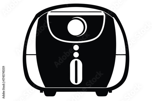 Black Air Fryer Illustration with White Controls and Accents Isolated Over White