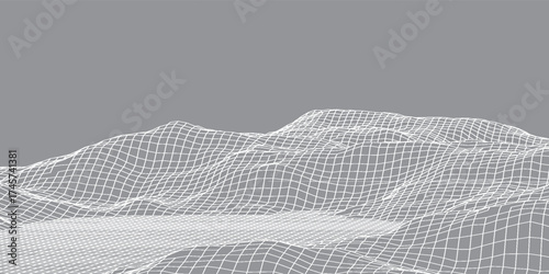 Digital wavy wireframe landscape. Futuristic linear undulating terrain. Digital cyberspace in mountains with valleys. Vector illustration.