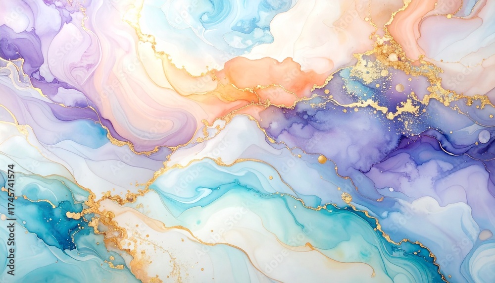 Fototapeta premium ラグジュアリーな紫×青のマーブル模様Dreamy Ink Art with Blue, Purple, and Gold Highlights 