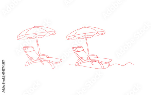 Two beach chairs with open umbrellas casting shadows on a clean white background isolated on white background
