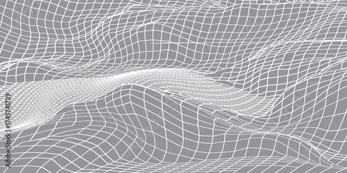 Digital wavy wireframe landscape. Futuristic linear undulating terrain. Digital cyberspace in mountains with valleys. Eps10