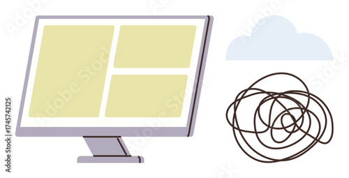 Computer monitor with structured layout, tangled lines symbolizing disorder, and minimal cloud. Ideal for productivity, organization, balance, digital tools, problem-solving, workflow simplicity