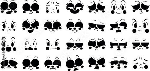 Cartoon Face and Expression Vector Set with Cute Emoji Characters, Funny Eyes and Mouths, and Vintage Comic Style Reactions for Stickers and Animation