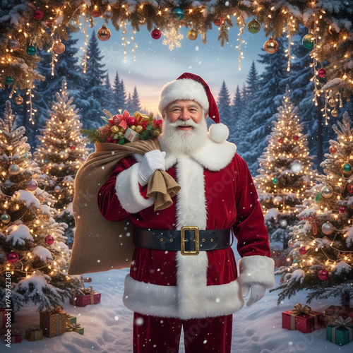 Santa Claus is sitting at the Christmas tree and holding gifts in his hands. new year's card	
